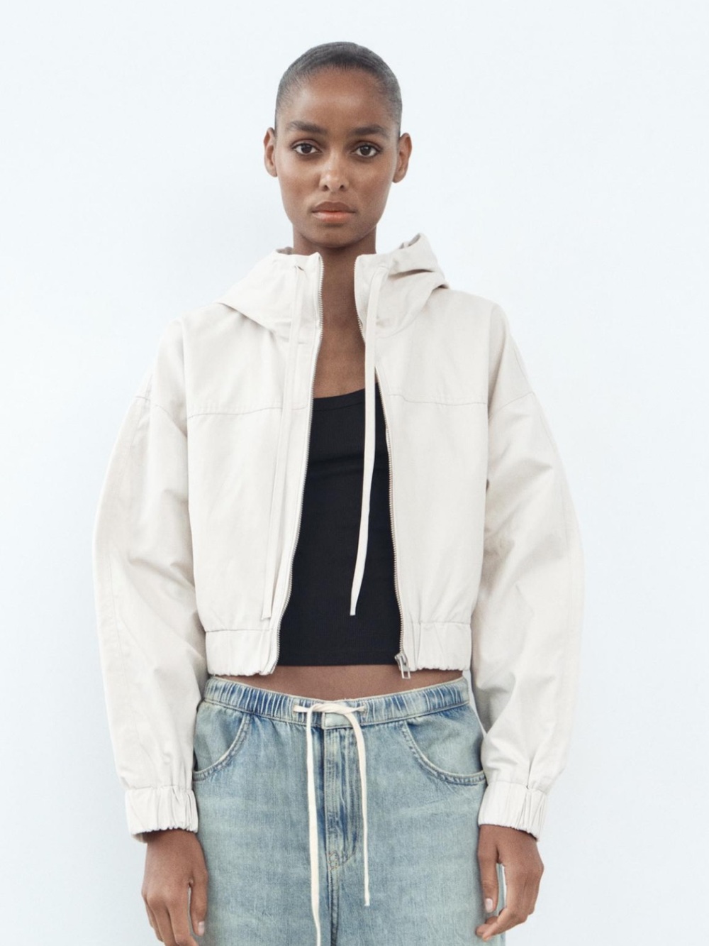 Zara Cream Hooded Cropped Bomber Jacket